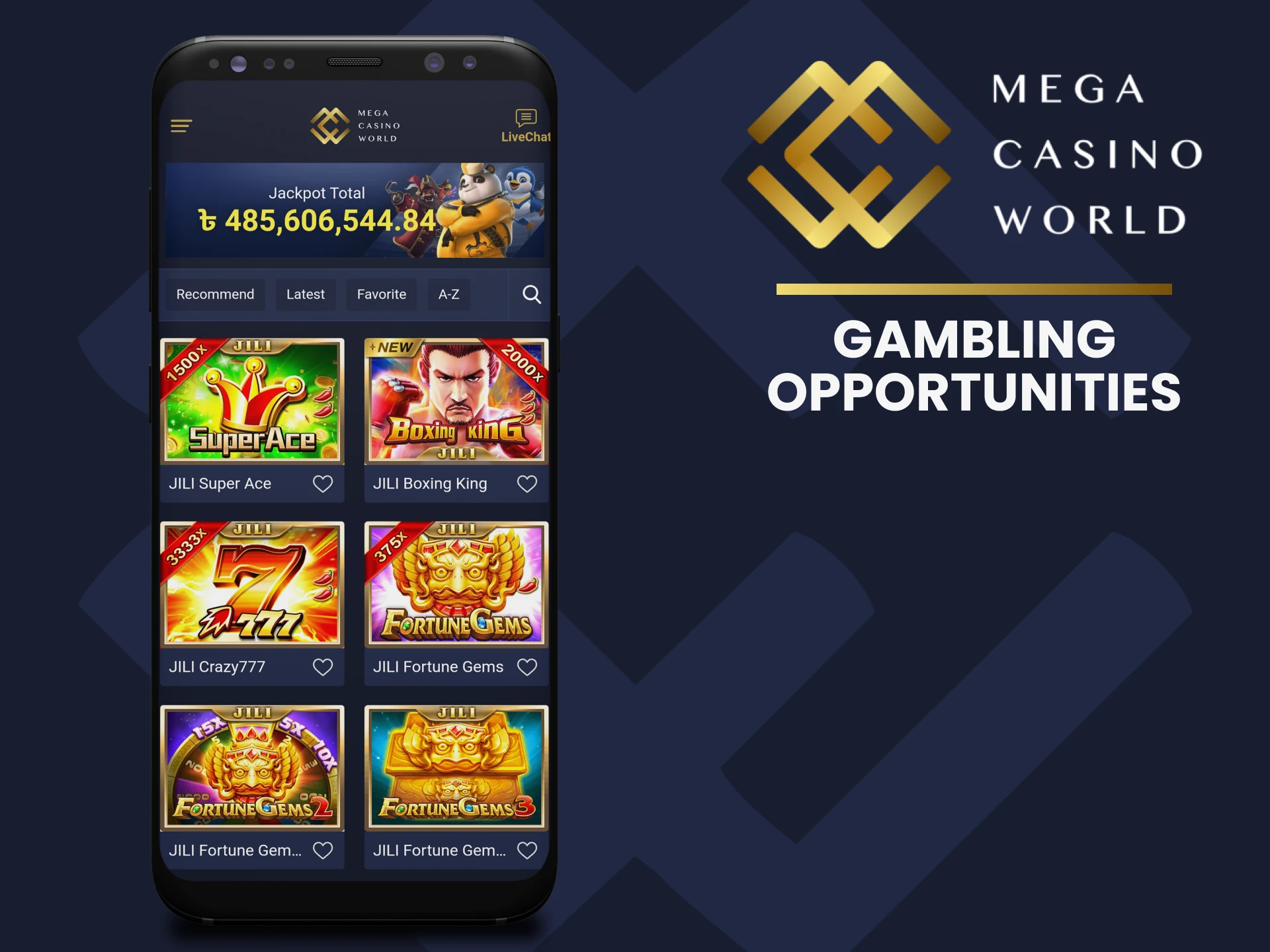 In the MCW app you will find a large catalog of gambling games.