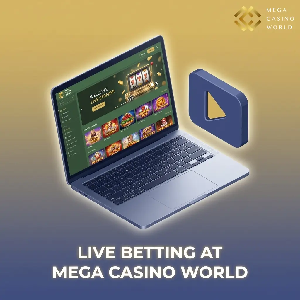 Live betting interface at Mega Casino World showing in-play odds for cricket, football, and tennis with real-time stats