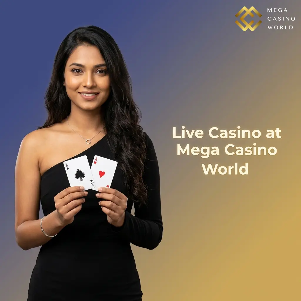 Live casino at Mega Casino World with real dealers streaming baccarat, roulette, Teen Patti, and Andar Bahar in HD