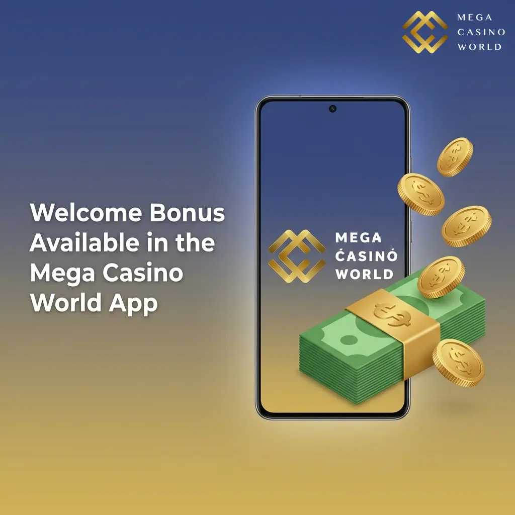 Mega Casino World app welcome bonus showing 100% deposit match up to 700 BDT for sports and casino new players
